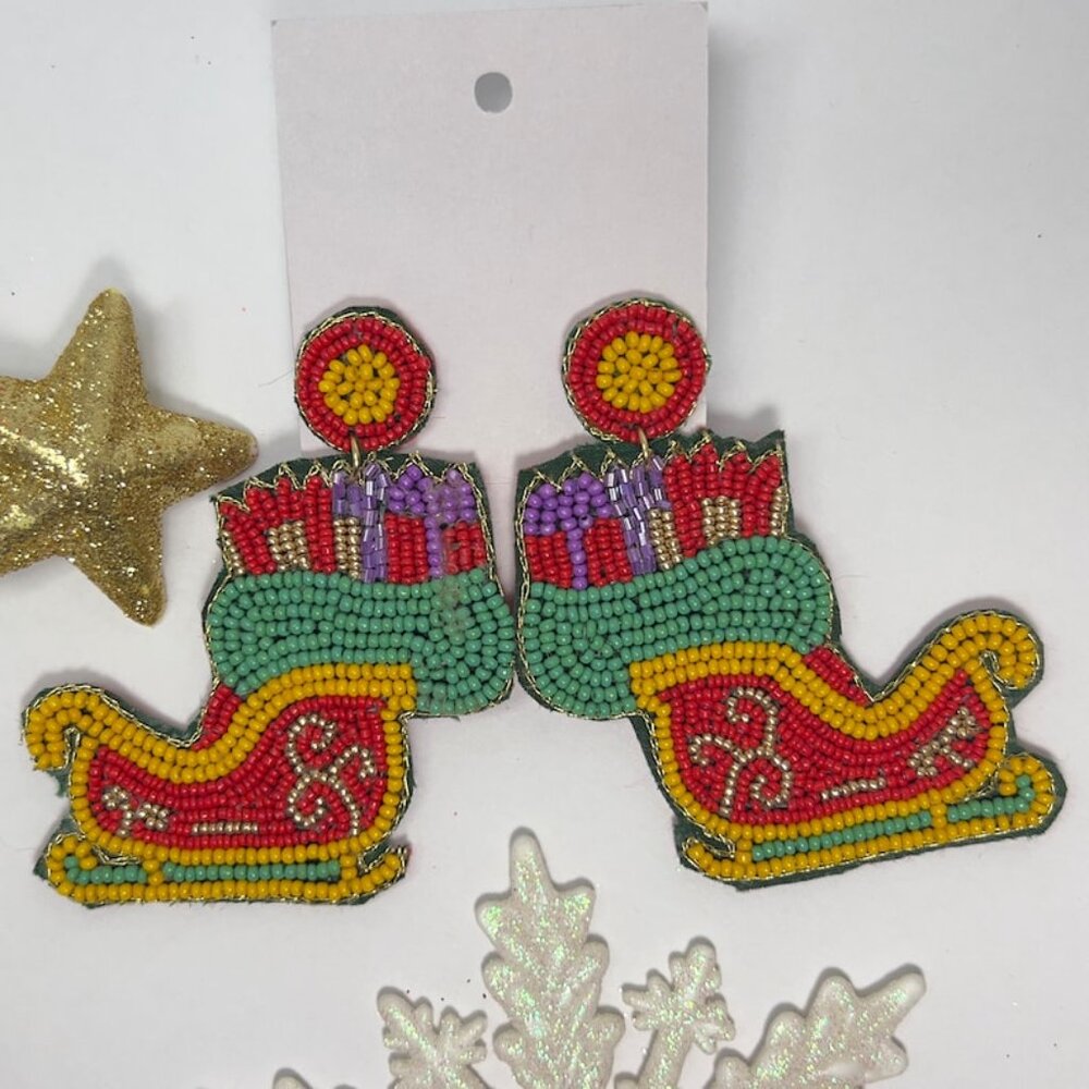 Handmade Beaded Earring, Boot Sleigh
